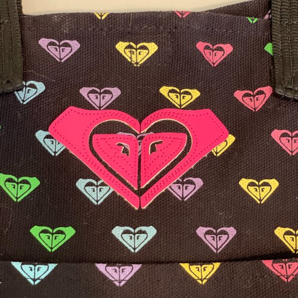 Roxy Bag Blue Green Yellow Pink Hearts Black Tote Bag Canvas - Picture 4 of 5